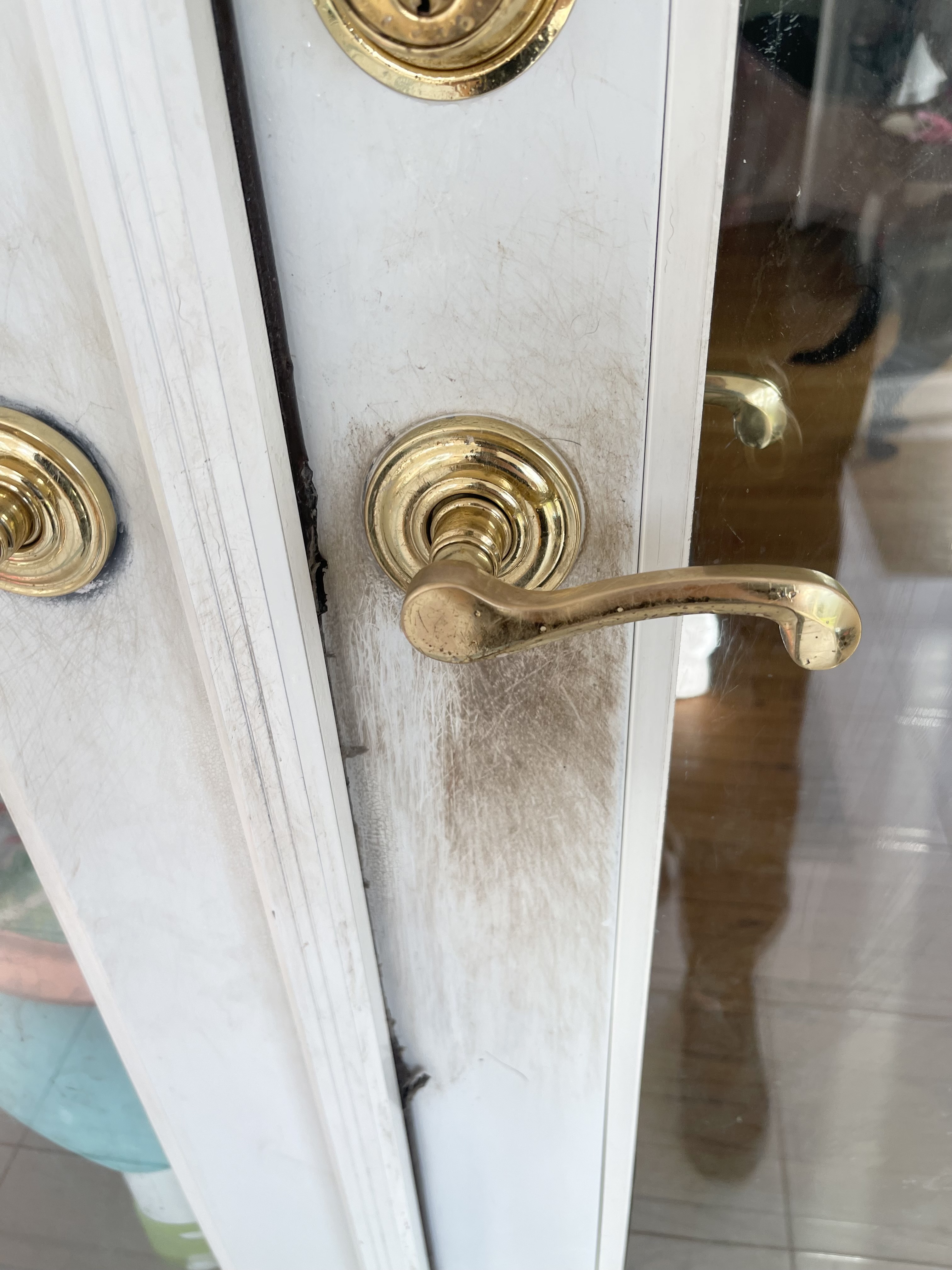 Dirty front door after not being cleaned for years.
