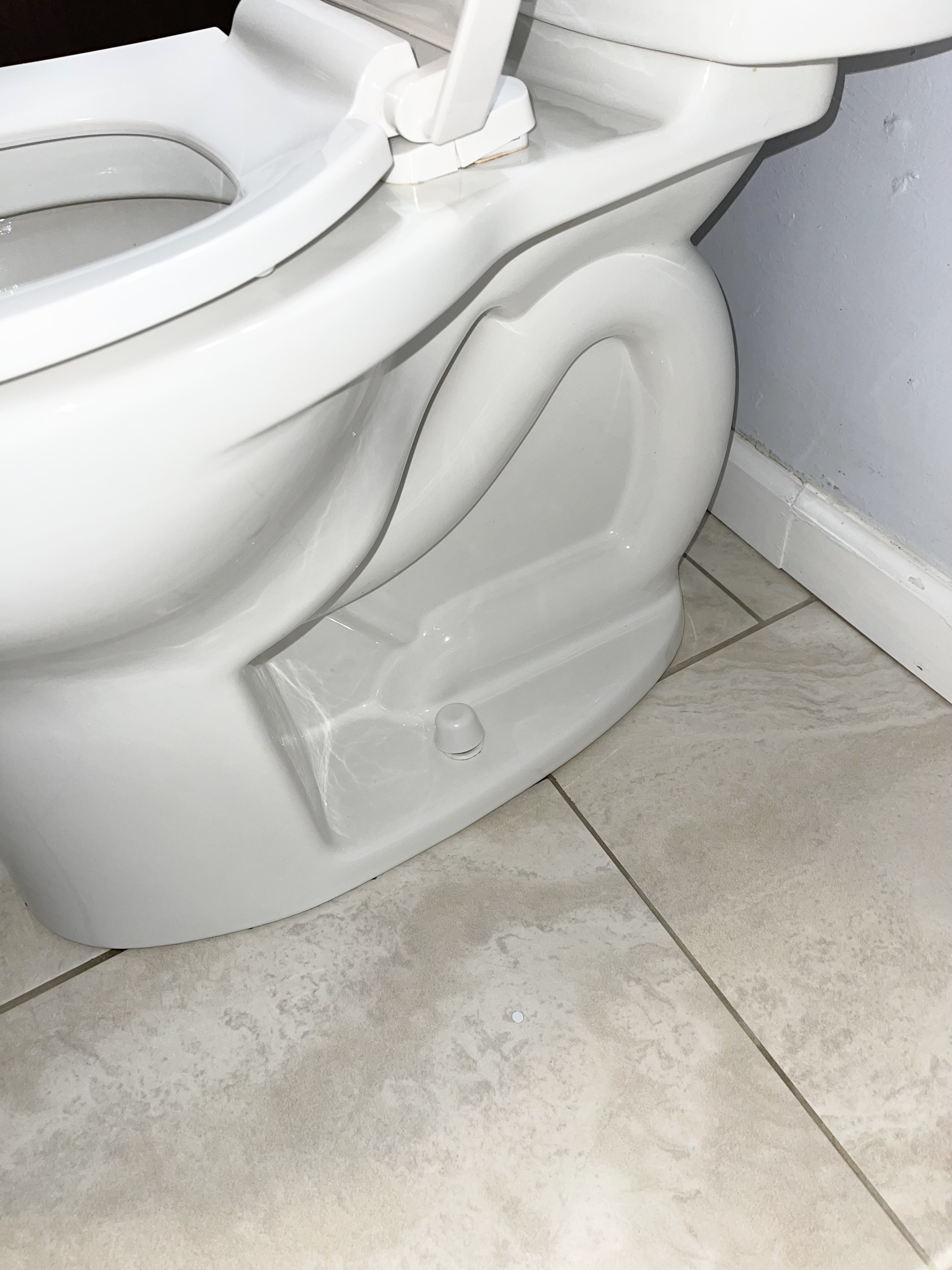 The side of a shining toilet after recently being cleaned.