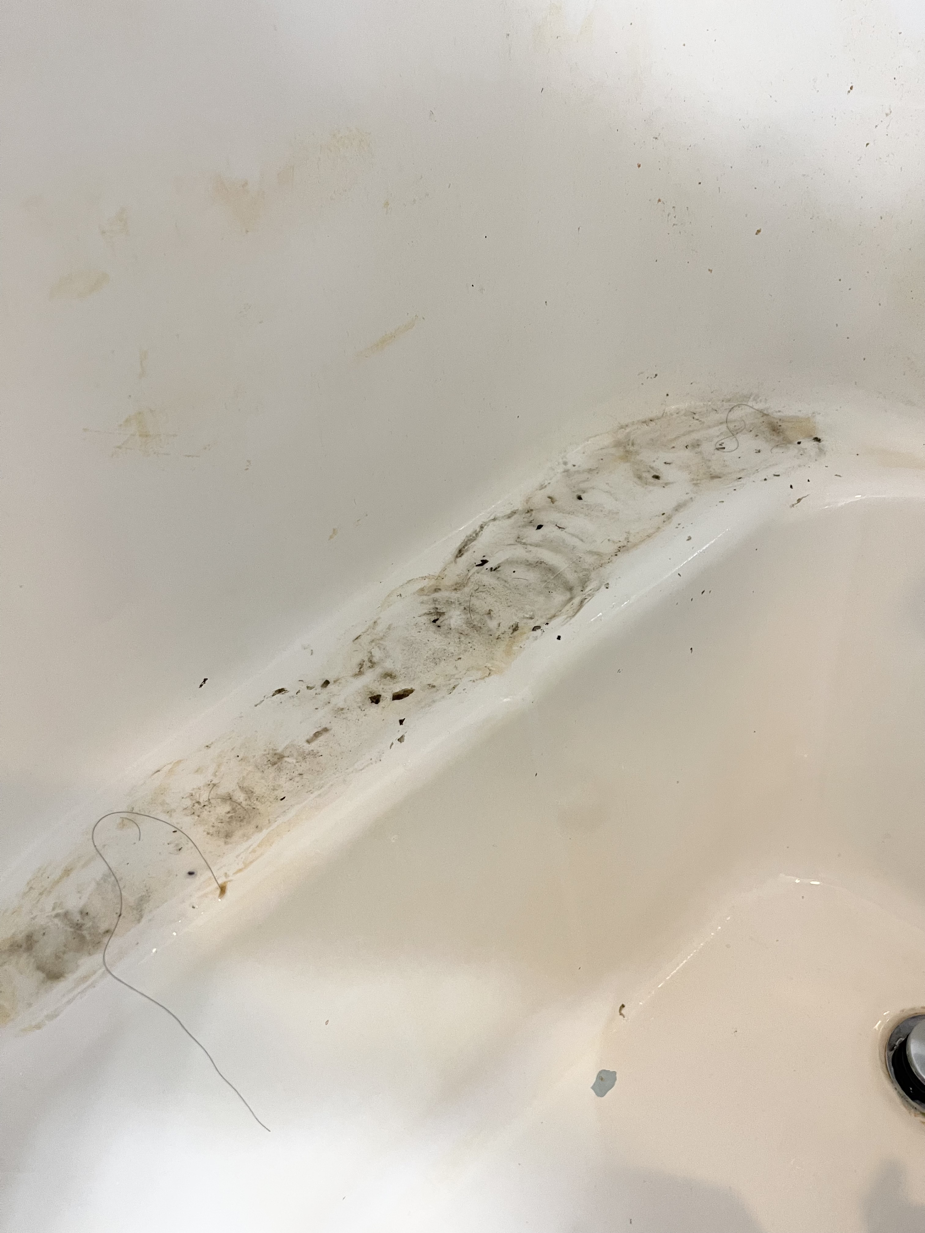 Dirty bathtub with black mold and scuff marks before being cleaned.